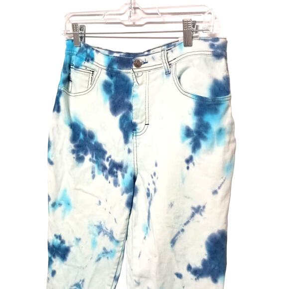 Custom Tie-Dyed Blue Water Hues Straight Tapered Leg Jeans Tummy Control, Size 8 - Picture 2 of 5